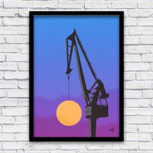 Bayprints, grua y puesta de sol. Póster, diseño de Tirso.